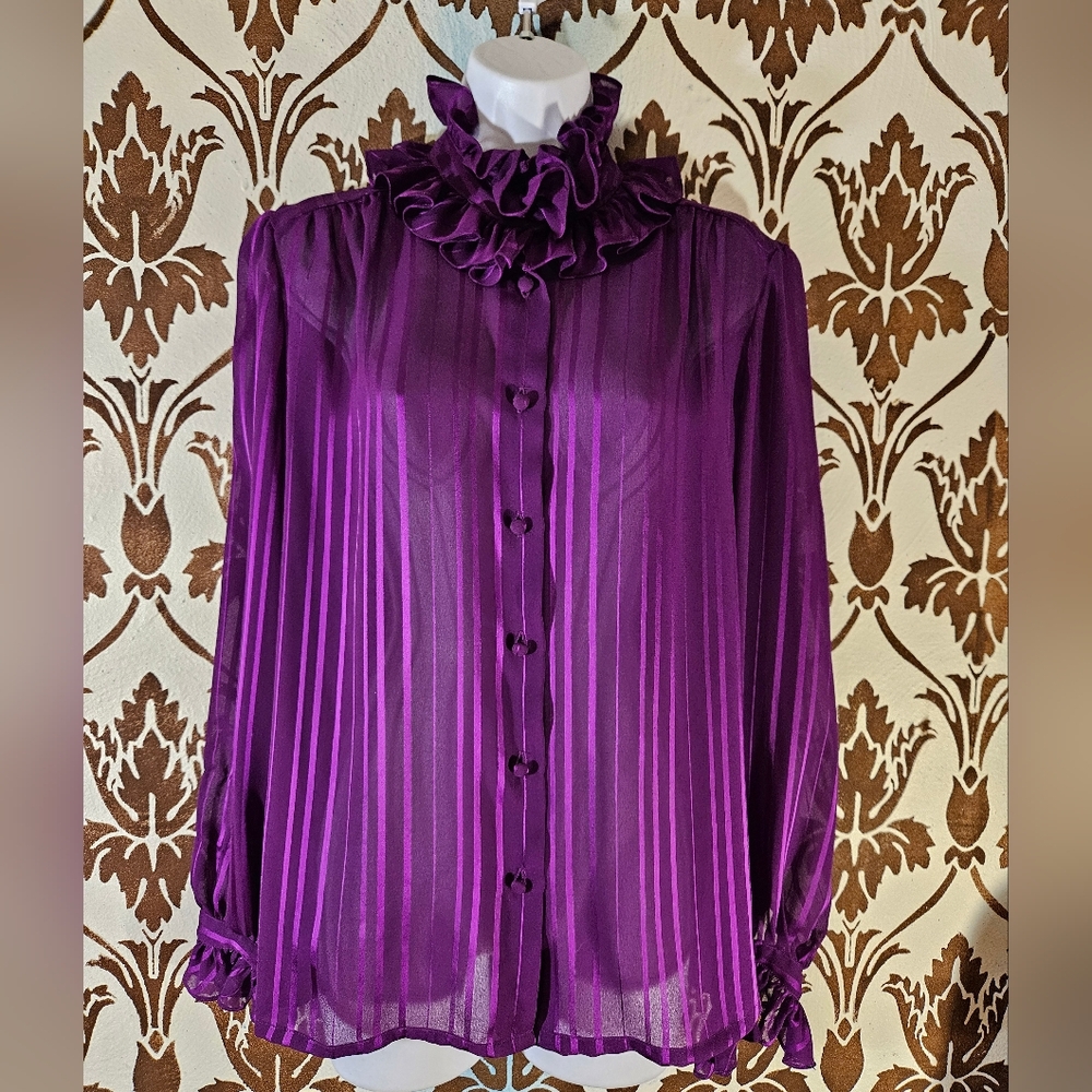 Vtg.80s LA BLOUSE Womens 14 Purple Long Sleeves Silky Stripes High Neck Ruffles
